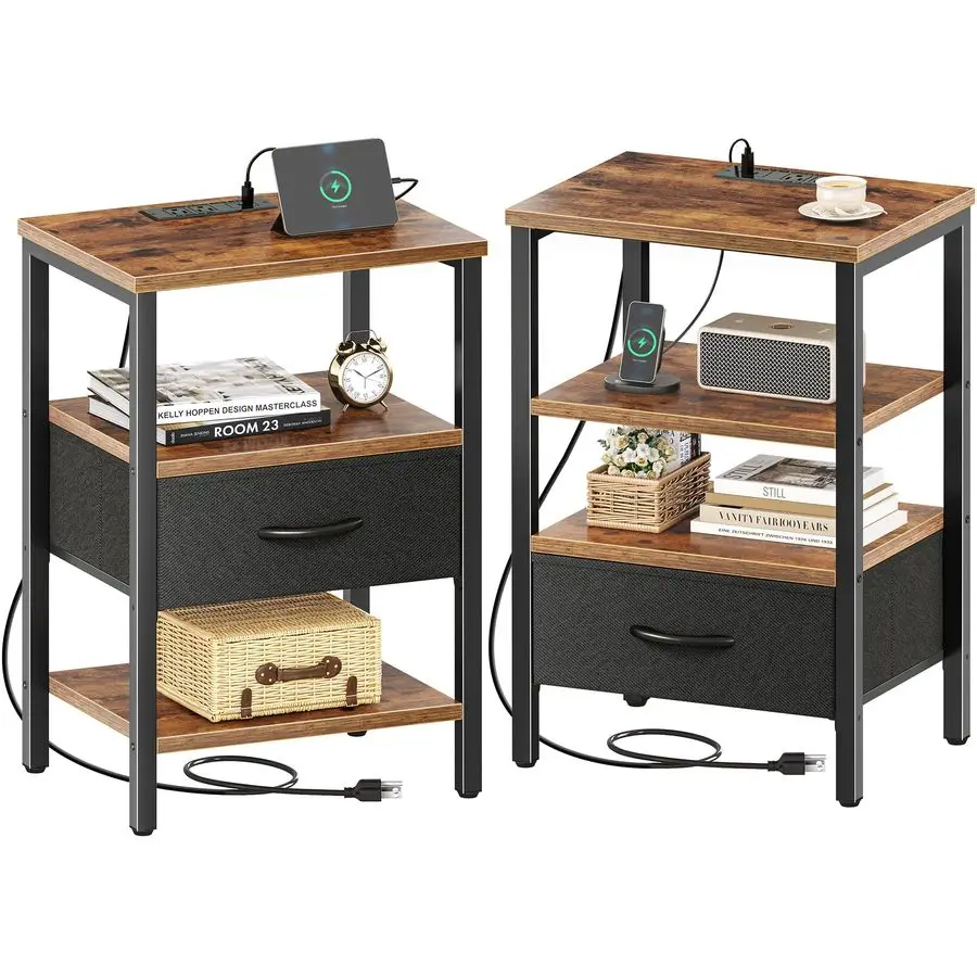 Nightstand Set of 2, Bed Side Tables with Charging Station, Adjustable Fabric Drawer, Night Stand for Bedroom, 3Tier Storage End
Nightstand Set of 2, Bed Side Tables with Charging Station, Adjustable Fabric Drawer, Night Stand for Bedroom, 3Tier Storage End
