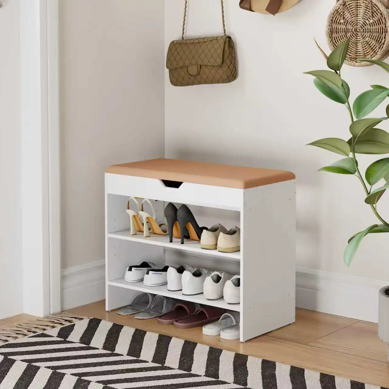 Wooden shoe bench with cushioned seat and flip-top hidden storage, three-tier open shoe rack storage, heavy-duty entryway shoe bench, multifunctional shoe bench suitable for front door, bedroom, closet, and mudroom
Wooden shoe bench with cushioned seat and flip-top hidden storage, three-tier open shoe rack storage, heavy-duty entryway shoe bench, multifunctional shoe bench suitable for front door, bedroom, closet, and mudroom