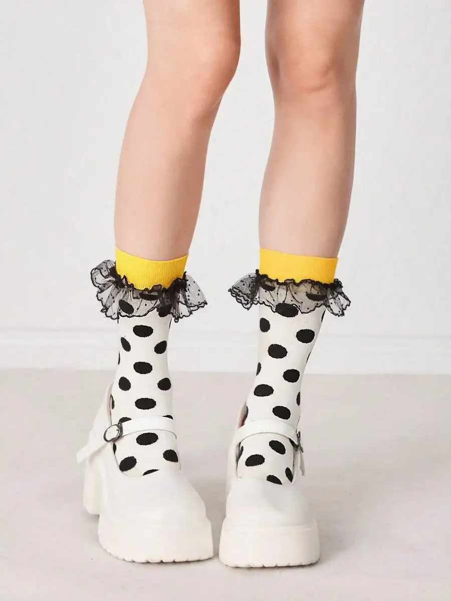 Womens Polka Dot Crew Socks With Mesh Ruffle Trim And Yellow Cuff
Womens Polka Dot Crew Socks With Mesh Ruffle Trim And Yellow Cuff