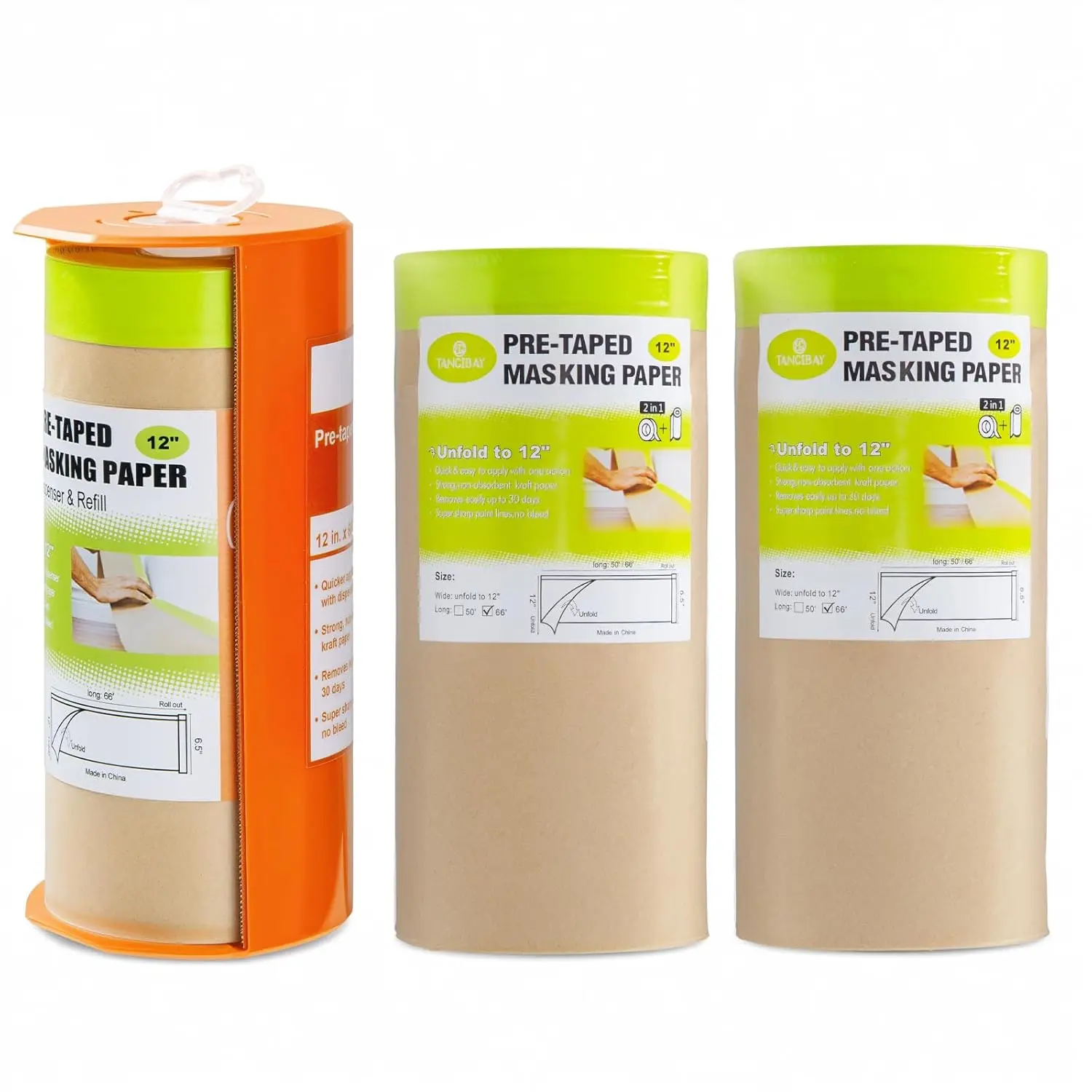 Pre-Taped Masking Paper with Dispenser - 12" x 66' Painters Paper and Tape for Painting House, Auto Body, Cars (1 Dispen
Pre-Taped Masking Paper with Dispenser - 12" x 66' Painters Paper and Tape for Painting House, Auto Body, Cars (1 Dispen