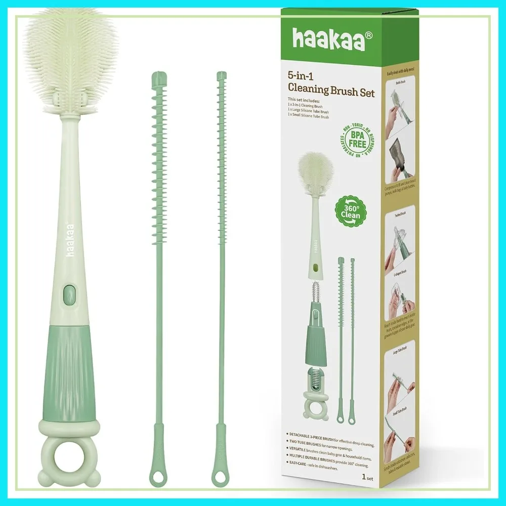 5-in-1 Cleaning Brush Set for Baby Bottles, 360° Multi-Purpose Bottle Brush for Breast Pumps, Nipples, Straws - Portable
5-in-1 Cleaning Brush Set for Baby Bottles, 360° Multi-Purpose Bottle Brush for Breast Pumps, Nipples, Straws - Portable