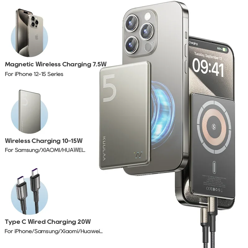 KUULAA Ultra-thin Magsafe Power Bank 20W Portable Magnetic WireIess Charging 5000mAh Charger Power Bank For iPhone 16 15 Series
KUULAA Ultra-thin Magsafe Power Bank 20W Portable Magnetic WireIess Charging 5000mAh Charger Power Bank For iPhone 16 15 Series