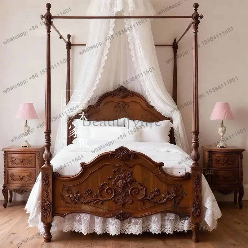 European retro solid wood four-poster bed double carved bed French factory direct sales can be customized
European retro solid wood four-poster bed double carved bed French factory direct sales can be customized