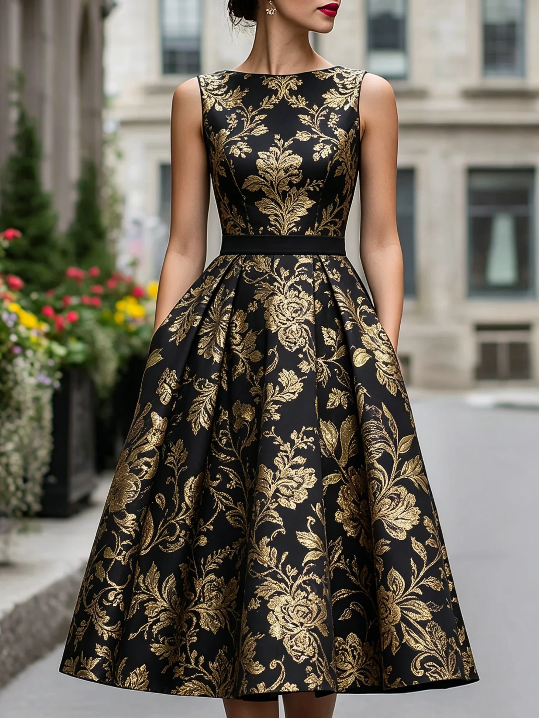 Women Vintage Floral Brocade Print Crew Neck Midi Dress Cap Sleeve A-Line Elegant Cocktail Party Evening Dress With Pocket Dress
Women Vintage Floral Brocade Print Crew Neck Midi Dress Cap Sleeve A-Line Elegant Cocktail Party Evening Dress With Pocket Dress