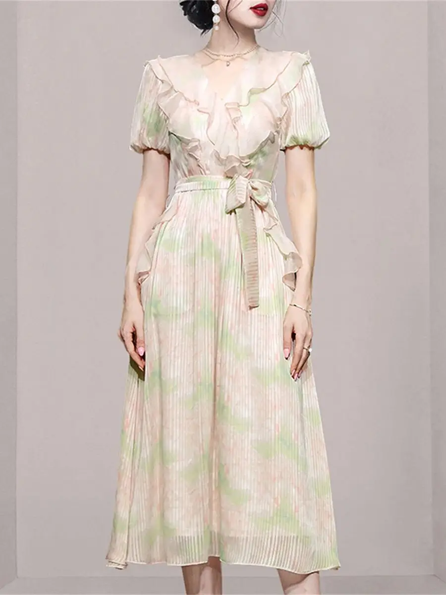 Summer New V-neck Ruffles Splice Slimming Midi Dress Temperament Vintage Pink Lantern Sleeve Striped Print Sashes Long Dresses
Summer New V-neck Ruffles Splice Slimming Midi Dress Temperament Vintage Pink Lantern Sleeve Striped Print Sashes Long Dresses