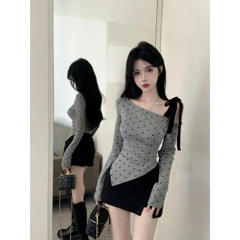 Korean Bandage Bow Polka Dot Irregular Tops Spring Autumn Long Sleeve Off Shoulder Slim Sexy T Shirts Fashion Y2K Women Clothing
Korean Bandage Bow Polka Dot Irregular Tops Spring Autumn Long Sleeve Off Shoulder Slim Sexy T Shirts Fashion Y2K Women Clothing
