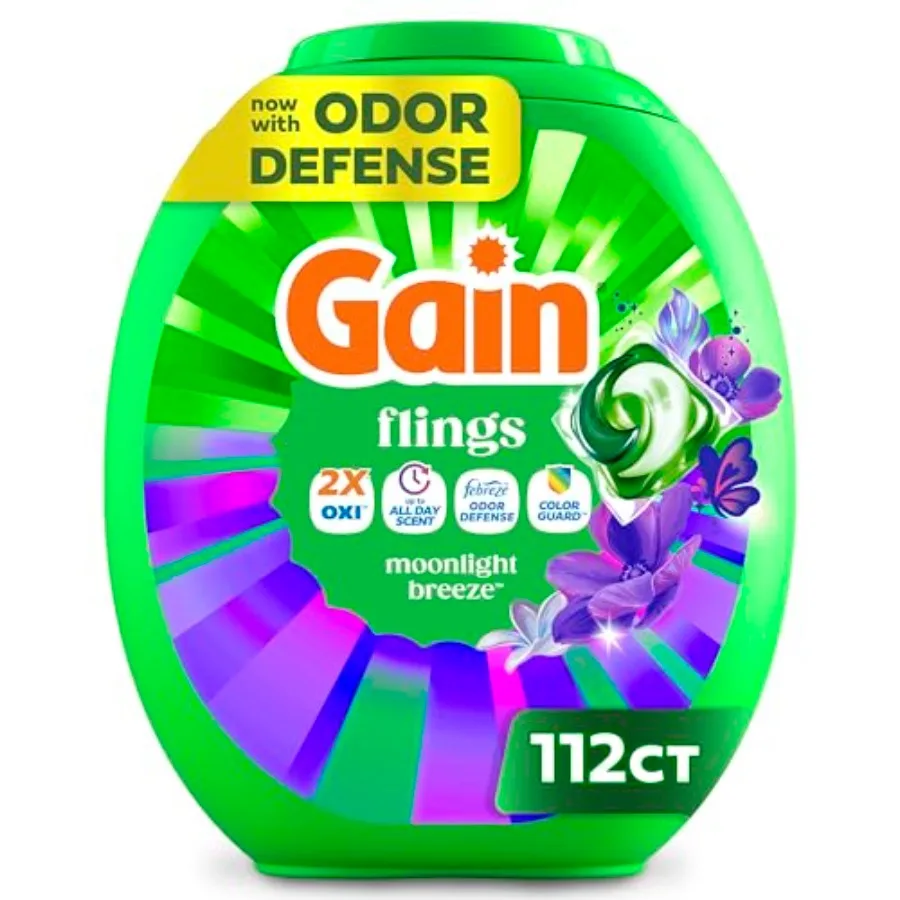 Gain Flings Laundry Detergent Pods Odor Defense + Color Guard, Moonlight Breeze Scent, 3 in 1 HE Detergent Pacs with Oxi Boost
Gain Flings Laundry Detergent Pods Odor Defense + Color Guard, Moonlight Breeze Scent, 3 in 1 HE Detergent Pacs with Oxi Boost