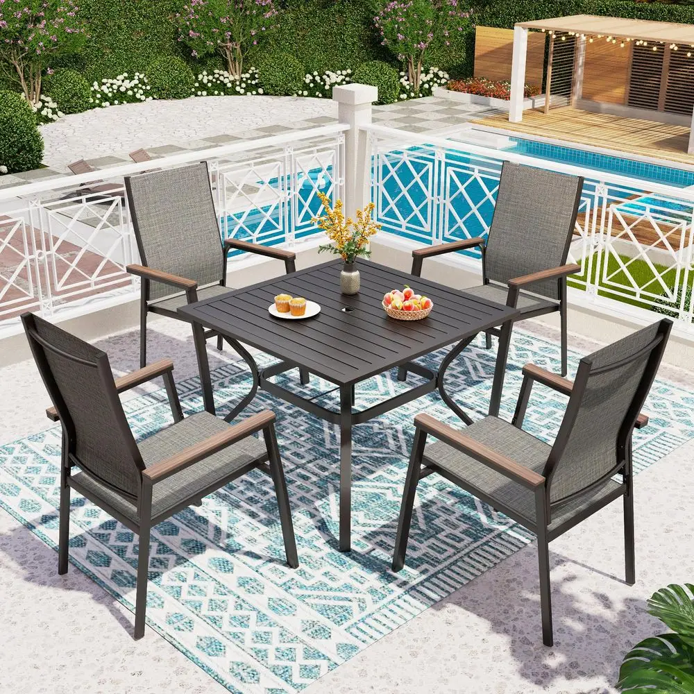 5 PCS Patio Dining Set, 4 Outdoor Aluminum Stackable Sling Chairs with Armrest amp 1 Square Metal Dining Table 1.57 Umbrella Ho
5 PCS Patio Dining Set, 4 Outdoor Aluminum Stackable Sling Chairs with Armrest amp 1 Square Metal Dining Table 1.57 Umbrella Ho