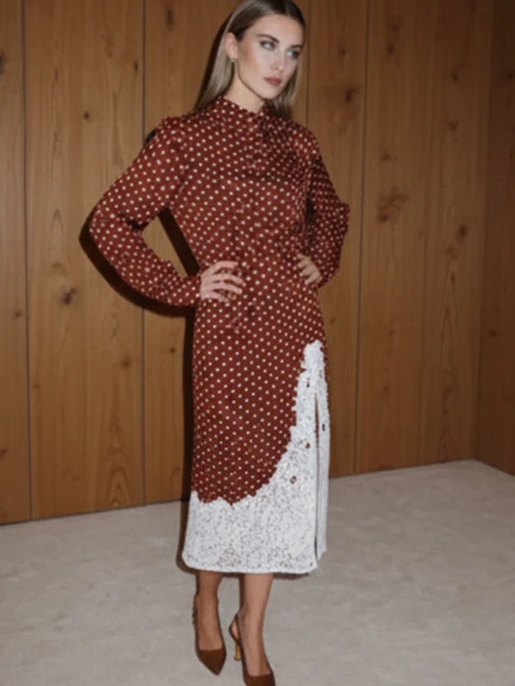 Retro Polka Dot Lace Trim Dress Women Elegant Patchwork Full Sleeve Pleated Side Split Midi Dresses 2026 Lady Dinner Party Robes
Retro Polka Dot Lace Trim Dress Women Elegant Patchwork Full Sleeve Pleated Side Split Midi Dresses 2026 Lady Dinner Party Robes