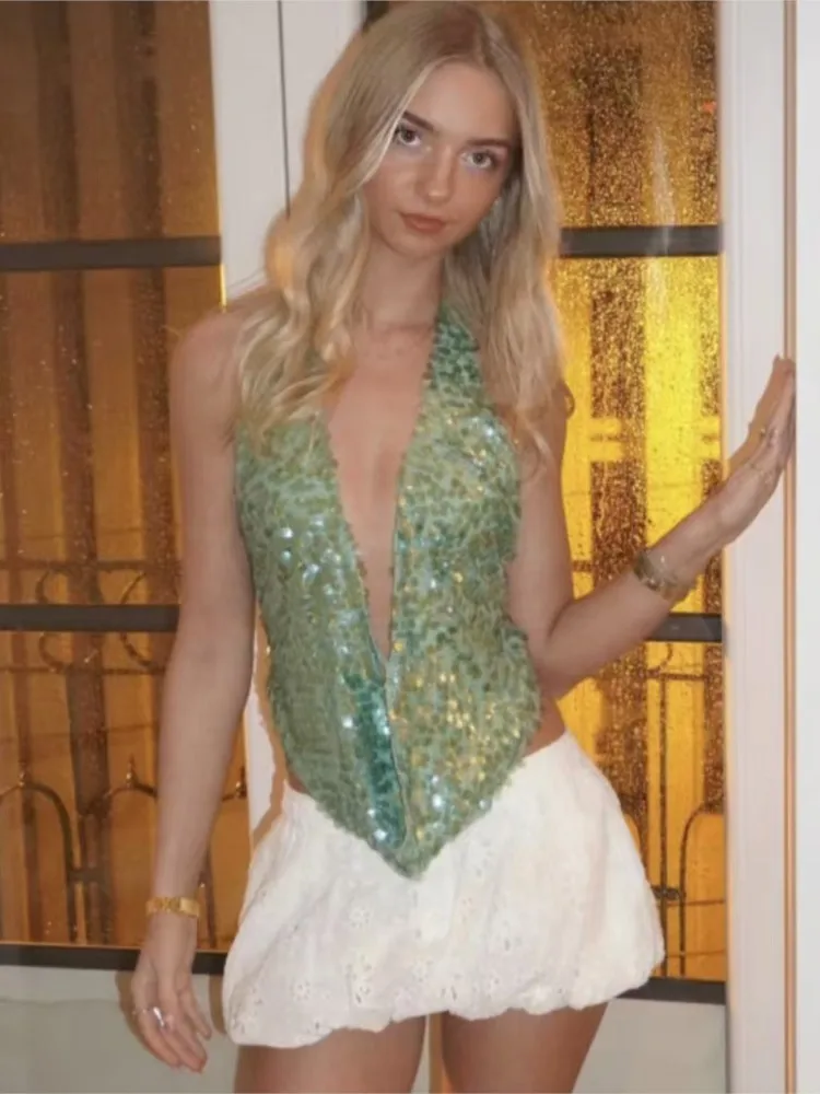 Sexy Deep V-neck Sequins Tank Top Women Summer Fashion Chic Party Backless Sleeveless Halter Neck Tops Beach Vacation Camisole
Sexy Deep V-neck Sequins Tank Top Women Summer Fashion Chic Party Backless Sleeveless Halter Neck Tops Beach Vacation Camisole
