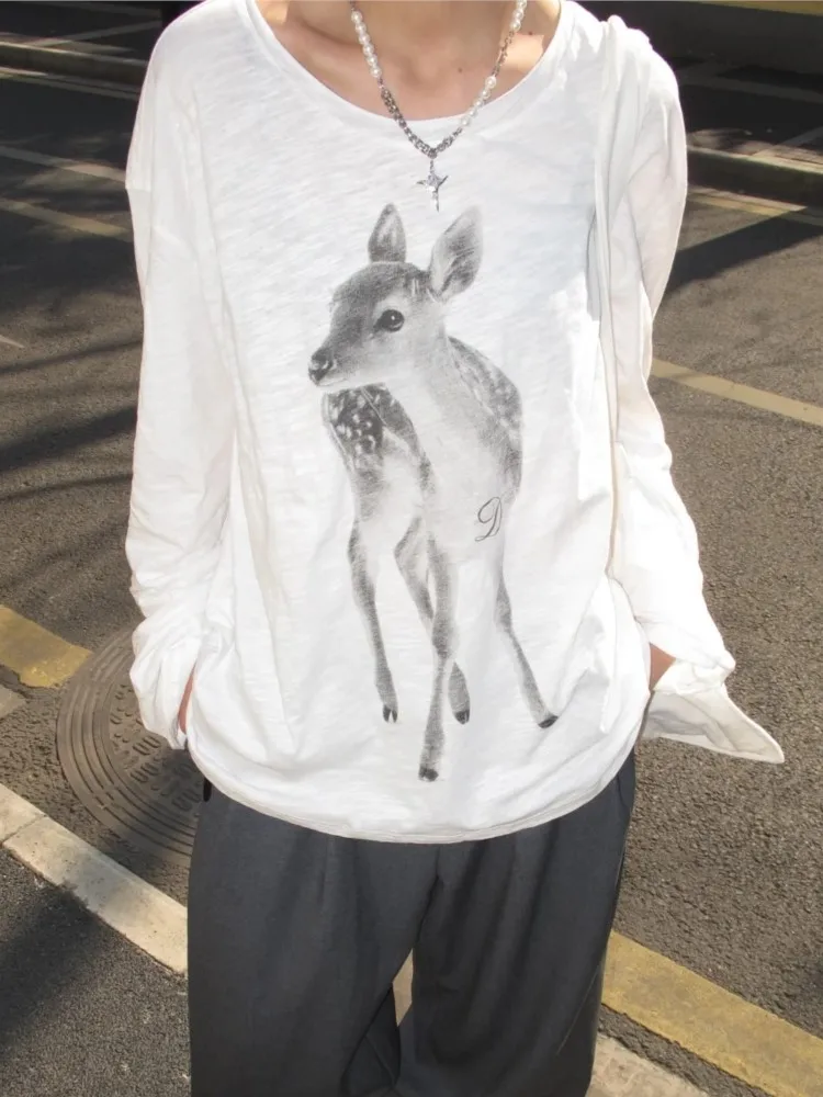 Cute Animal Pattern Long Sleeve T-shirt Woman Autumn O-neck See Through Sexy Tshirt Female Sweet Deer Print Thin Cotton Tees Y2K
Cute Animal Pattern Long Sleeve T-shirt Woman Autumn O-neck See Through Sexy Tshirt Female Sweet Deer Print Thin Cotton Tees Y2K