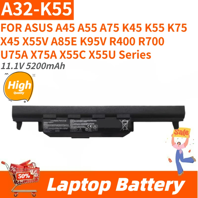 New Replacement Laptop Battery 11.1V 5200mAh A32-K55 For Asus A45 A55 A55A A75 A75A K45 K45V K55 K55A K75 X45VD X55VD X85V R400
New Replacement Laptop Battery 11.1V 5200mAh A32-K55 For Asus A45 A55 A55A A75 A75A K45 K45V K55 K55A K75 X45VD X55VD X85V R400
