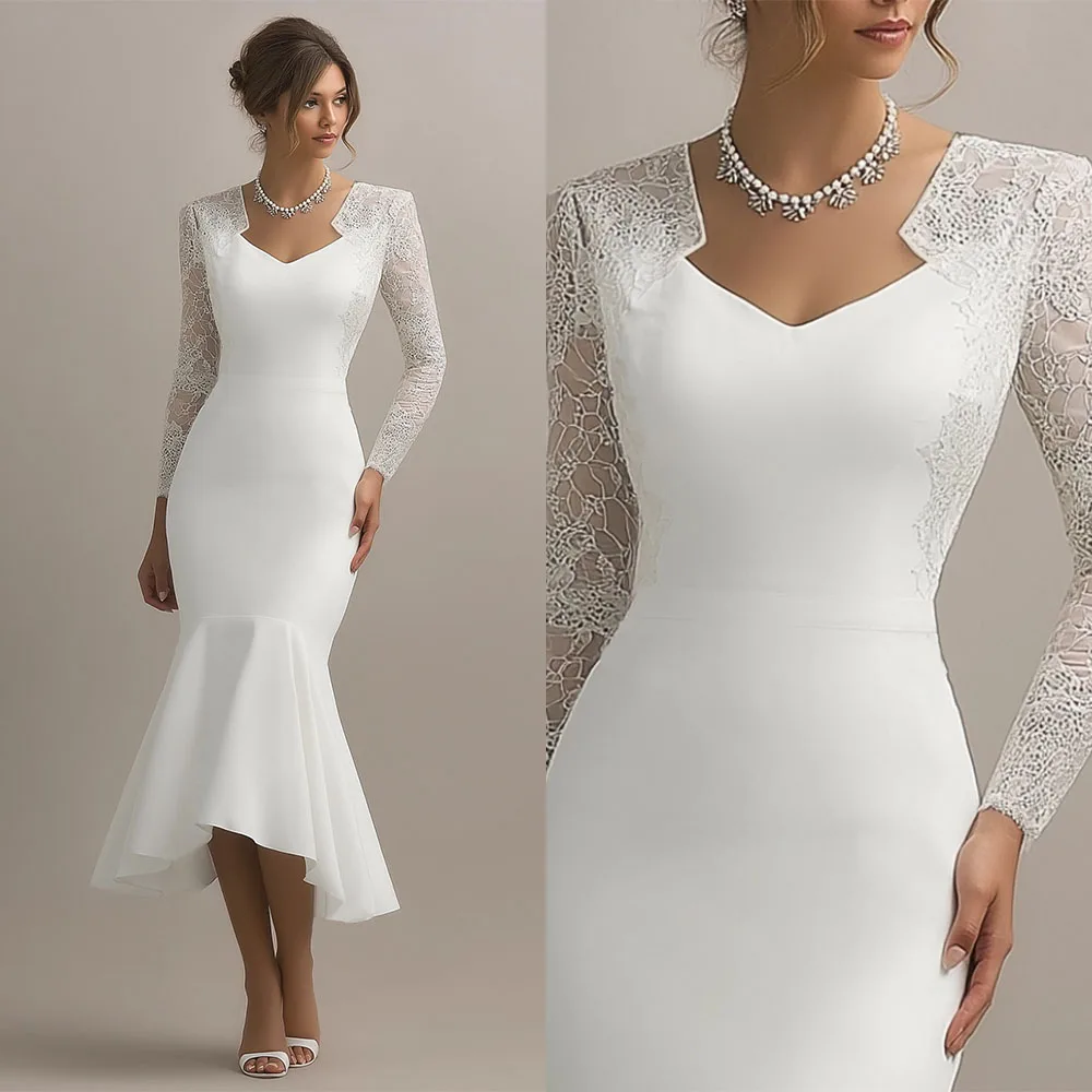 High Quality Customized V-neck Full Sleeves Tea Length Lace Mermaid Wedding Party Dresses Robes De Soirée Dress for Women فستان
High Quality Customized V-neck Full Sleeves Tea Length Lace Mermaid Wedding Party Dresses Robes De Soirée Dress for Women فستان