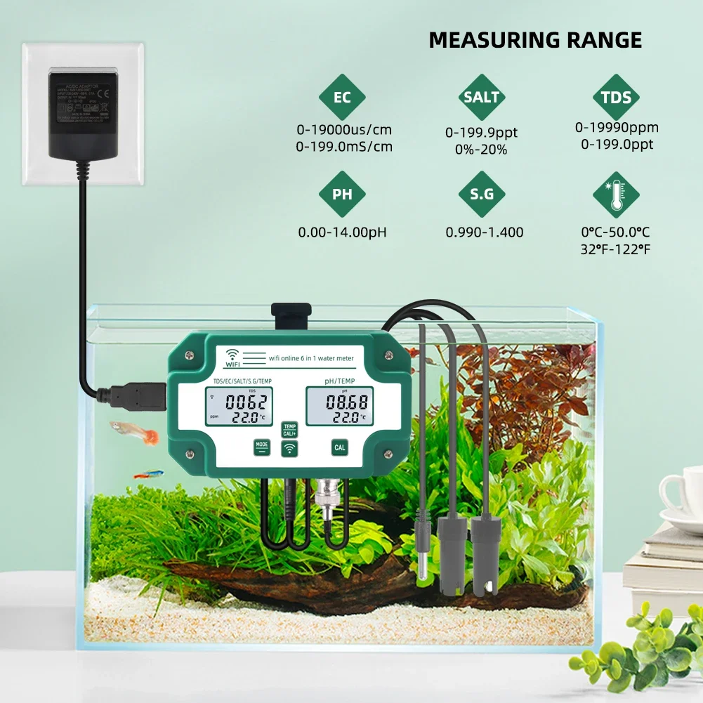 6 in 1 Water Quality Tester Tuya WiFi Digital Meter PH/Total Dissolved Solids/EC/S.G/Salt/Temp Meter for Aquarium Water Monitor
6 in 1 Water Quality Tester Tuya WiFi Digital Meter PH/Total Dissolved Solids/EC/S.G/Salt/Temp Meter for Aquarium Water Monitor