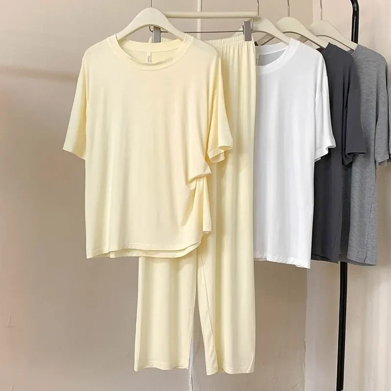 Women Summer Modal Cotton Pajama Set Round Neck Short Sleeve Top Elastic Waist Long Pants Soft Home Wear Two Piece Outfit
Women Summer Modal Cotton Pajama Set Round Neck Short Sleeve Top Elastic Waist Long Pants Soft Home Wear Two Piece Outfit