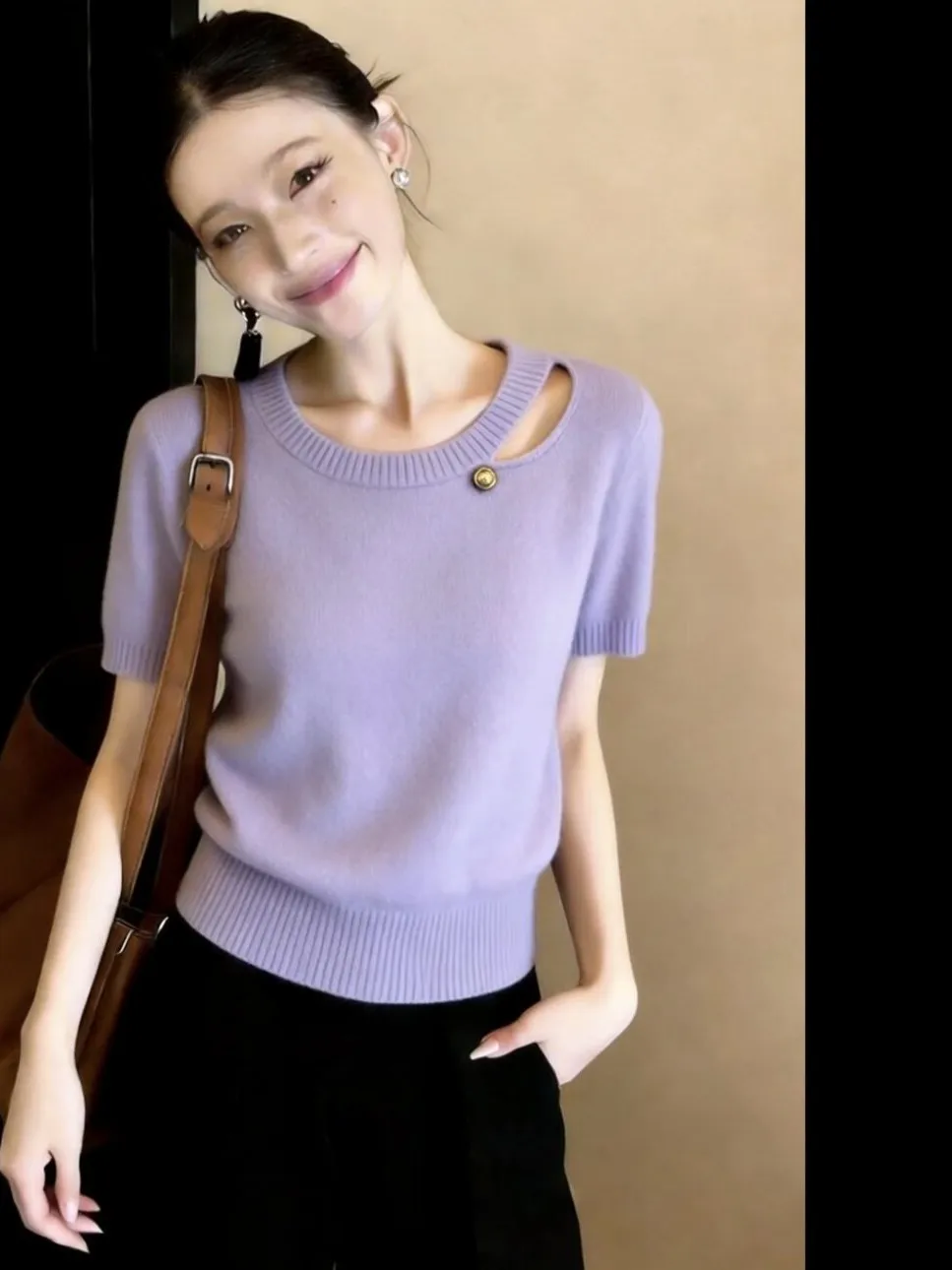 Summer 2026 Women's Loose Fit Dopaamine Knitted Top Hollow out Short Sleeve Purple Unique Beautiful Small Shirt Casual Style
Summer 2026 Women's Loose Fit Dopaamine Knitted Top Hollow out Short Sleeve Purple Unique Beautiful Small Shirt Casual Style