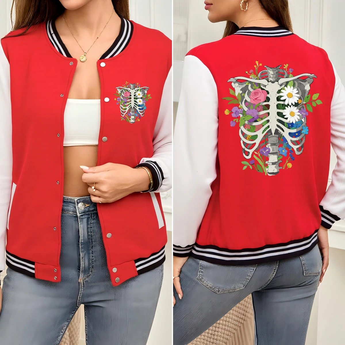 Flower Body Torso Skeleton Print Baseball Uniform Women Hip Hop Colorful Jacket Autumn Loose Streetwear Unisex Cotton Top
Flower Body Torso Skeleton Print Baseball Uniform Women Hip Hop Colorful Jacket Autumn Loose Streetwear Unisex Cotton Top