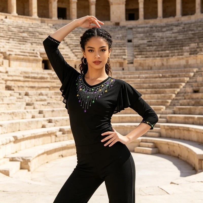 V-neck Mesh, Lotus Leaf Sleeves, Hot Pressed Diamond Top, Women's Square Dance Latin Friendship Competition Performance Costume
V-neck Mesh, Lotus Leaf Sleeves, Hot Pressed Diamond Top, Women's Square Dance Latin Friendship Competition Performance Costume