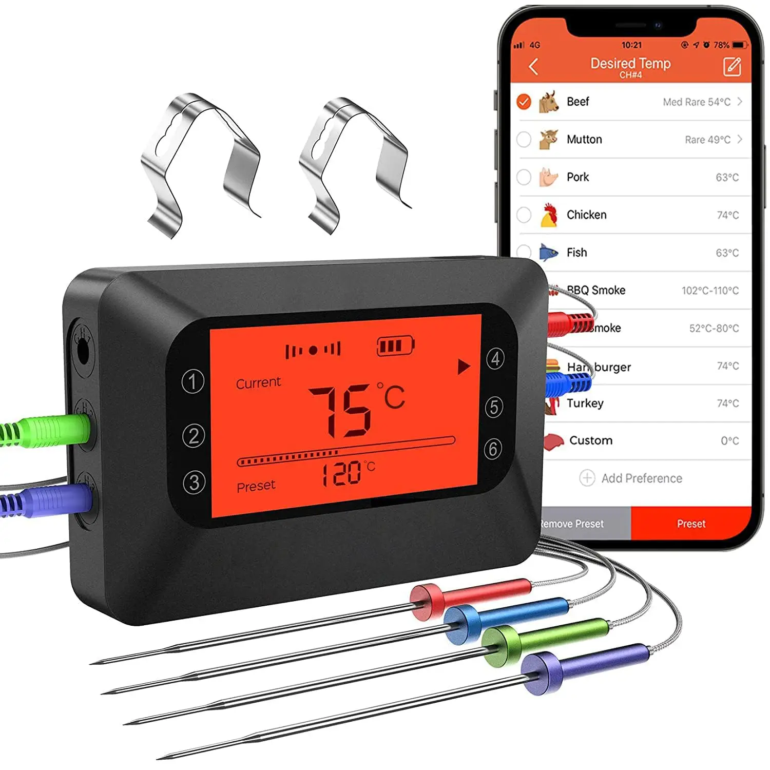 Wireless Bluetooth Meat Thermometer with 4 Probes, 328FT Range, Backlit Display for BBQ, Grill, Oven, Smoker Cooking
Wireless Bluetooth Meat Thermometer with 4 Probes, 328FT Range, Backlit Display for BBQ, Grill, Oven, Smoker Cooking