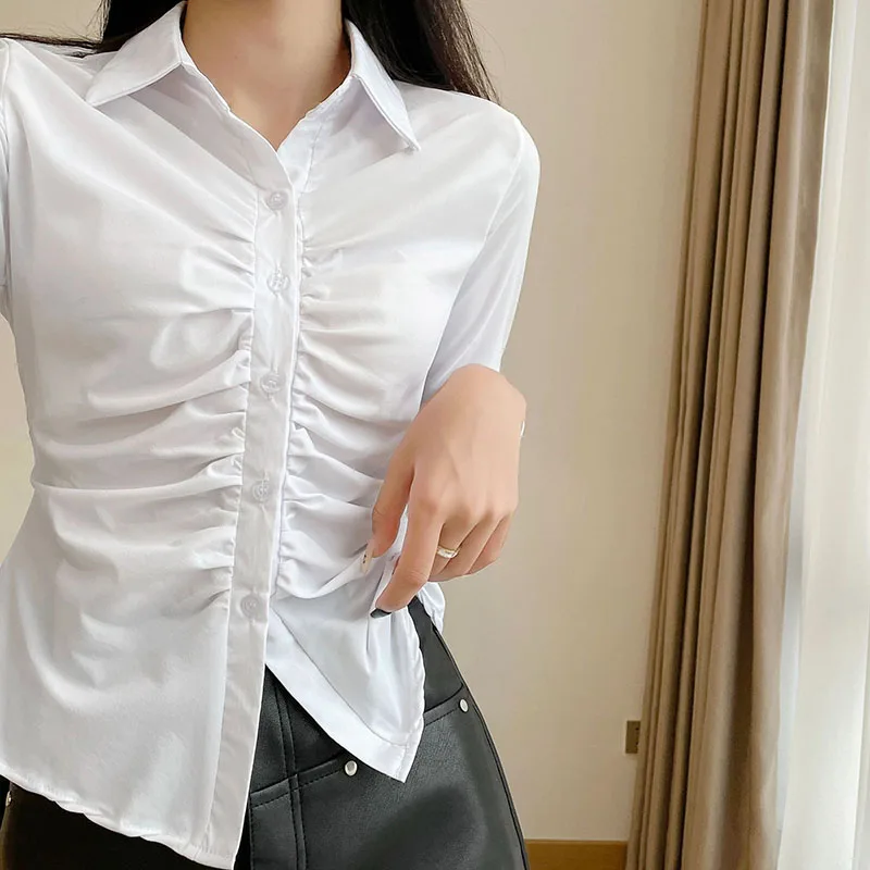 Autumn Women Long Sleeve White Blouses Korean Slim Fit Buttons Folds Turn Down Collar Shirts Sexy Y2K Office Lady OL Crop Tops
Autumn Women Long Sleeve White Blouses Korean Slim Fit Buttons Folds Turn Down Collar Shirts Sexy Y2K Office Lady OL Crop Tops