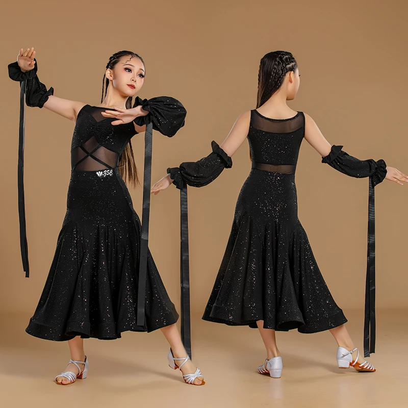 New girls modern dance dress competition training children's ballroom social dance large skirt black high-end dress
New girls modern dance dress competition training children's ballroom social dance large skirt black high-end dress