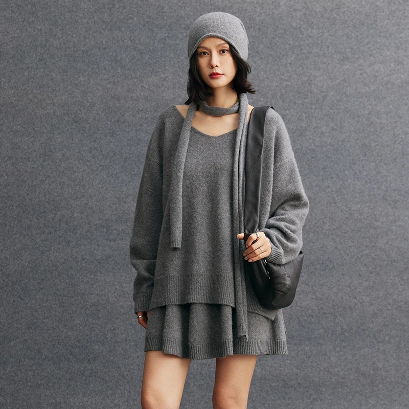 Women's set 100% cashmere V-neck lazy style pullover sweater casual loose solid color knitted high waisted skirt two-piece set
Women's set 100% cashmere V-neck lazy style pullover sweater casual loose solid color knitted high waisted skirt two-piece set