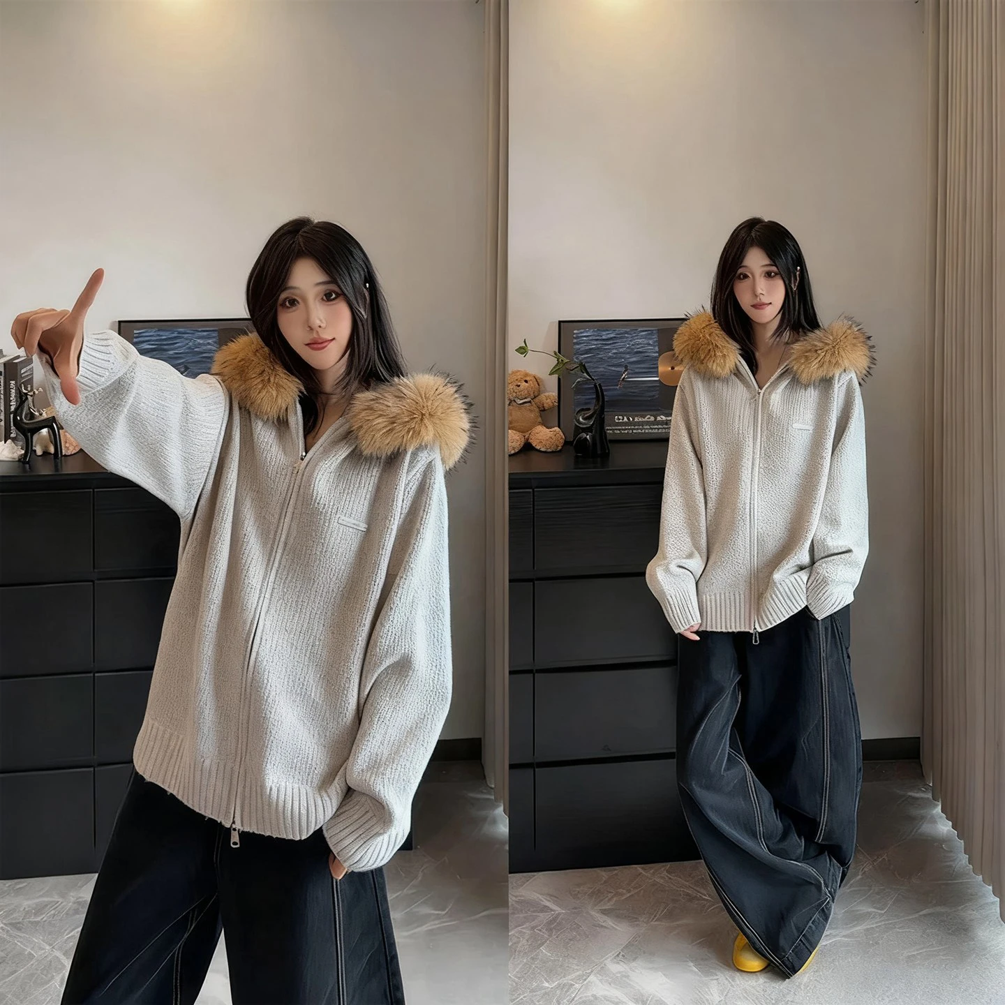 Retro American Sle Knitted Sweater Coat with Large Fur Collar for Men And Women Casual Loose Fit Autumn Winter Hooded Coupl...
Retro American Sle Knitted Sweater Coat with Large Fur Collar for Men And Women Casual Loose Fit Autumn Winter Hooded Coupl...