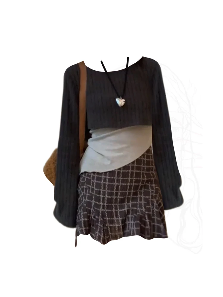 High Quality Formal Occasion Outfits 3 Piece Set Camisole + Knitted Crop Top + 90s High Waist Plaid A-Line Skirt Preppy Style
High Quality Formal Occasion Outfits 3 Piece Set Camisole + Knitted Crop Top + 90s High Waist Plaid A-Line Skirt Preppy Style