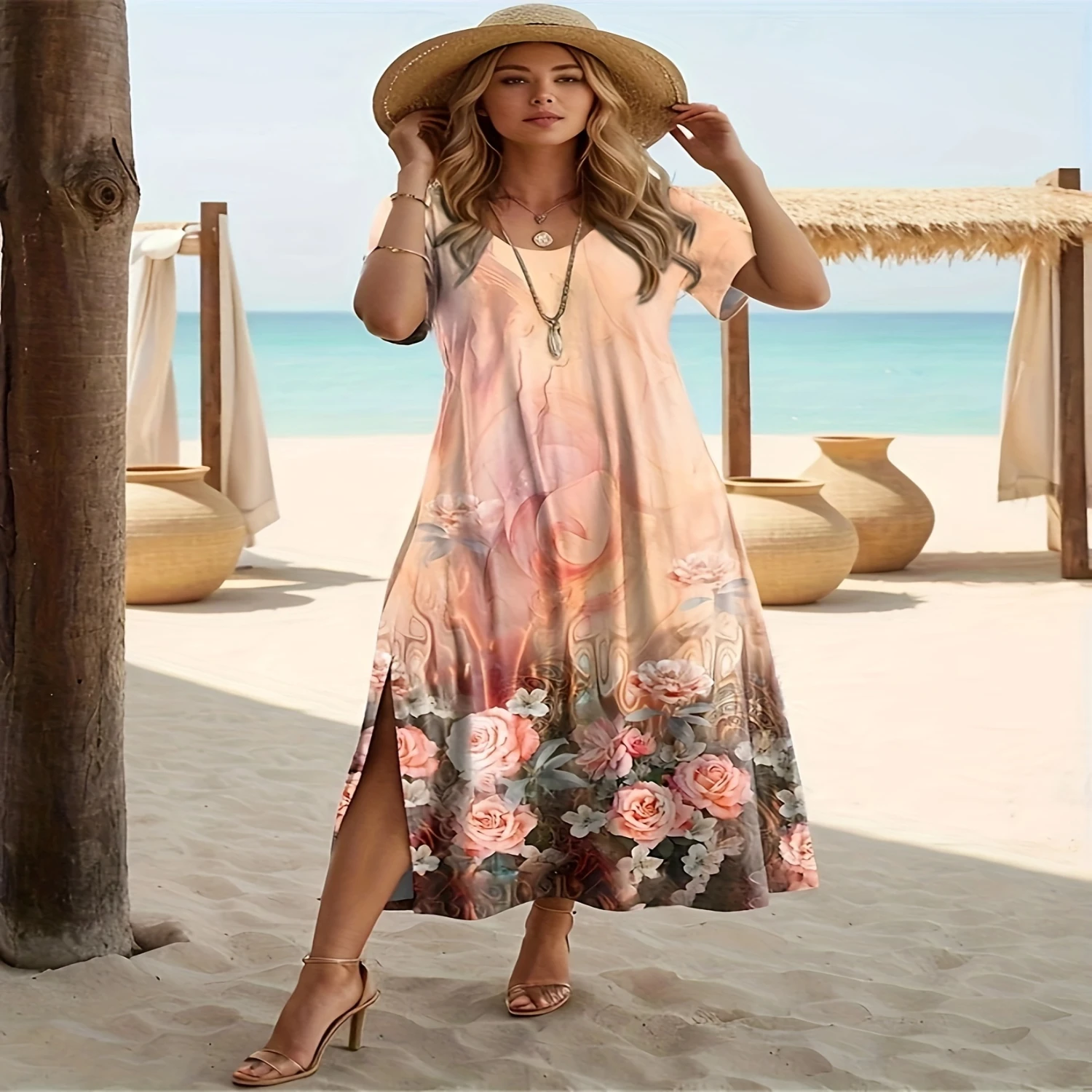 Charming Floral Print Midi Dress - Crew Neck, Split Short Sleeve, Loose Fit - Perfect for Spring & Summer, Womens Casual Chic Cl
Charming Floral Print Midi Dress - Crew Neck, Split Short Sleeve, Loose Fit - Perfect for Spring & Summer, Womens Casual Chic Cl