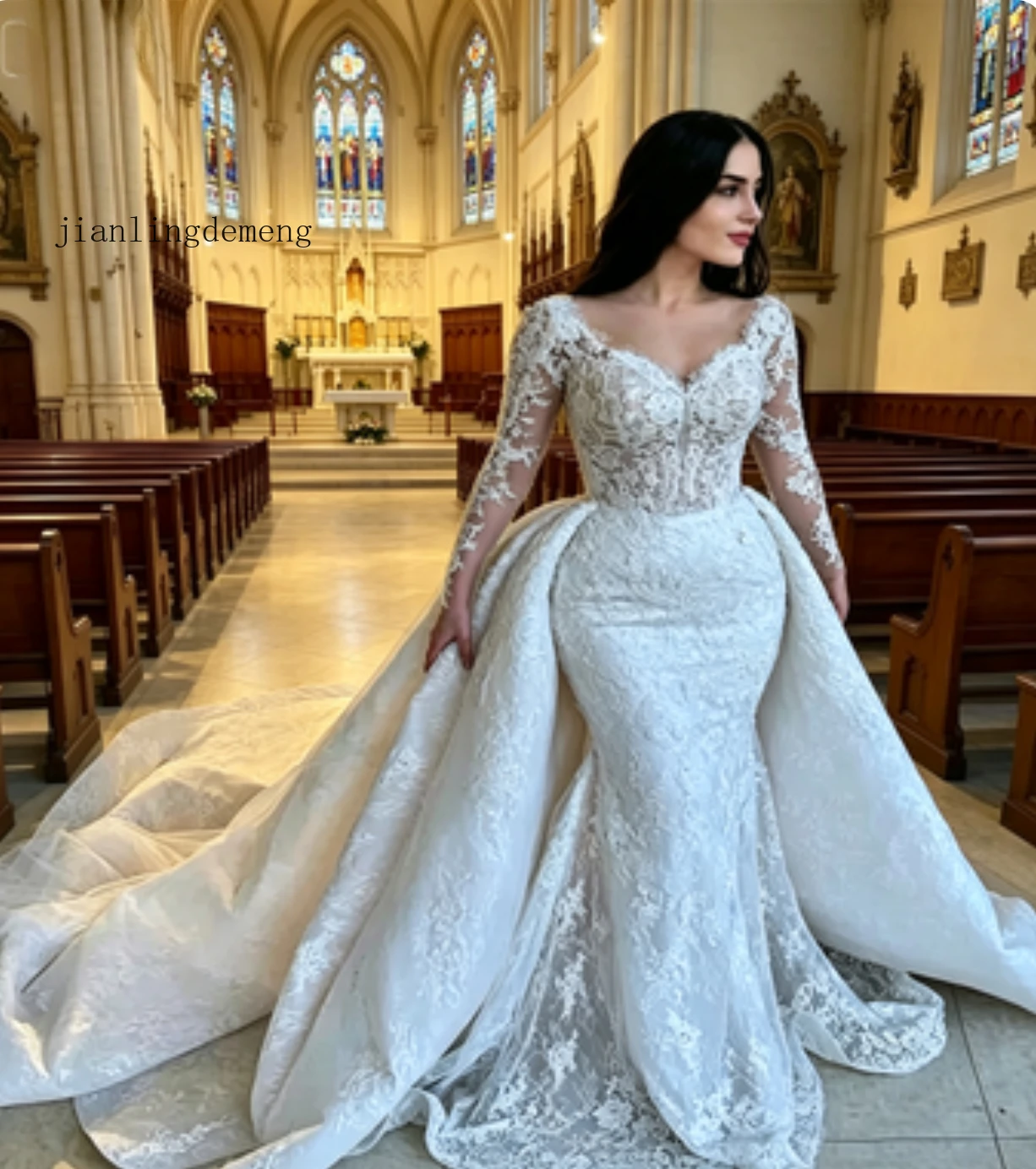 White Lace Wedding Dress Mermaid with Long Sleeves V Neck Bridal Gown with Lace Applique and Court Train Customized
White Lace Wedding Dress Mermaid with Long Sleeves V Neck Bridal Gown with Lace Applique and Court Train Customized