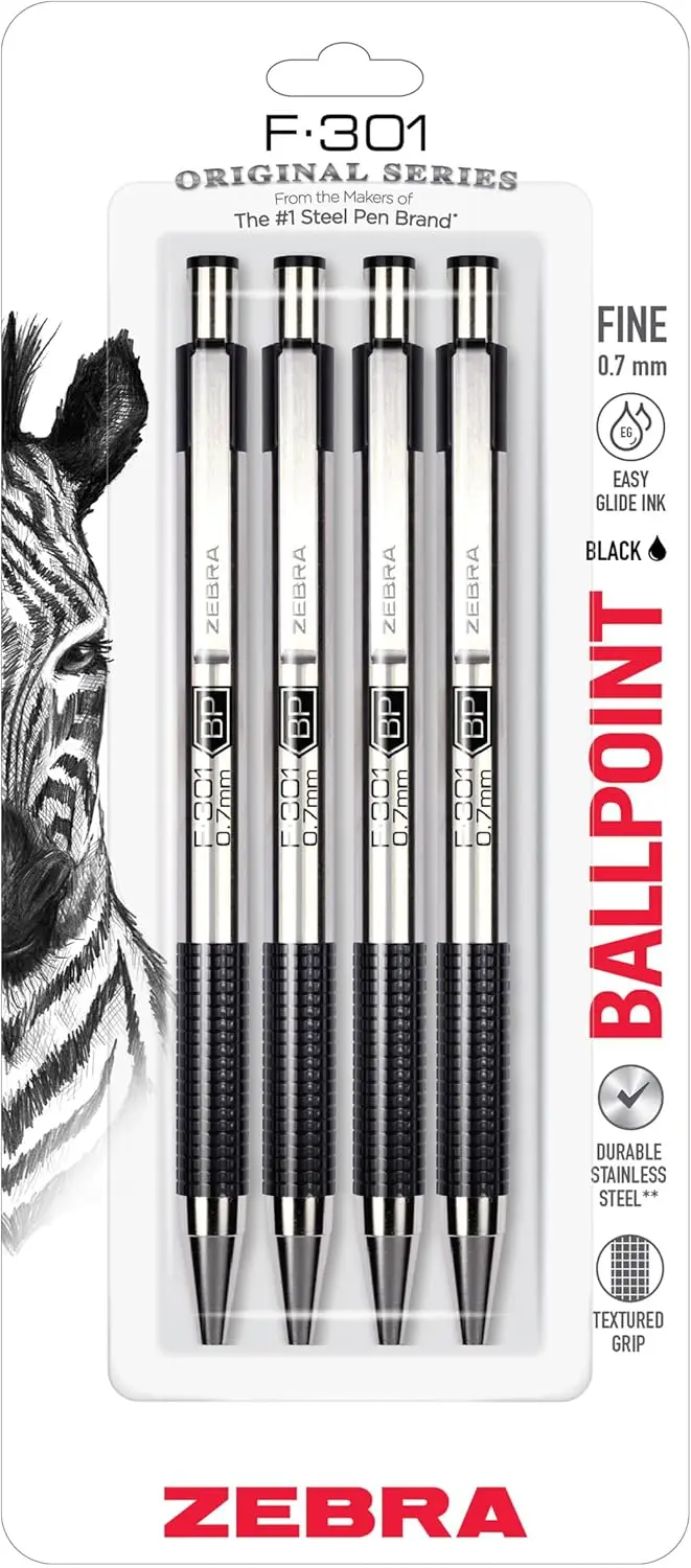 Zebra F-301 Ballpoint Pen Fine Point 0.7mm Black Ink Retractable Stainless Steel Non-Slip Grip for Office Journal Planner 4-Pack
Zebra F-301 Ballpoint Pen Fine Point 0.7mm Black Ink Retractable Stainless Steel Non-Slip Grip for Office Journal Planner 4-Pack