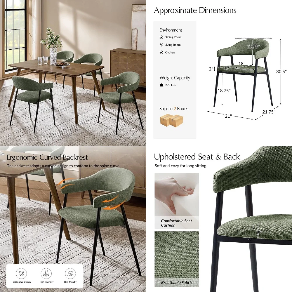 Dining Chairs Set of 4, Modern Fabric Upholstered Kitchen Dining Room Chairs with Metal Legs, Armsrest, Curved Backrest for Din
Dining Chairs Set of 4, Modern Fabric Upholstered Kitchen Dining Room Chairs with Metal Legs, Armsrest, Curved Backrest for Din