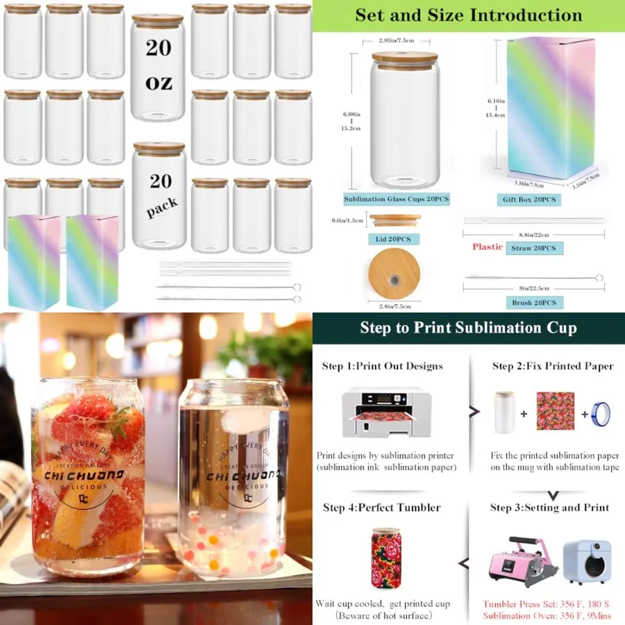 Sublimation Glass Can Cups With Bamboo Lids and Straws, 16oz Beer Container Blank 20Pack
Sublimation Glass Can Cups With Bamboo Lids and Straws, 16oz Beer Container Blank 20Pack
