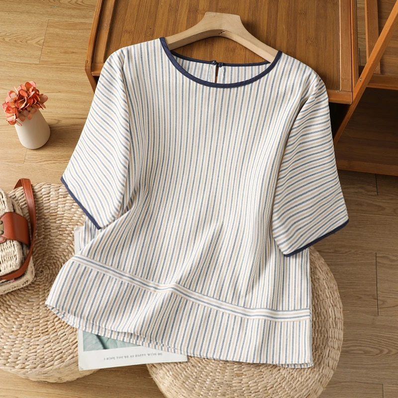 Summer Loose Cotton And Linen Blouses Women Stripe Shirts Casual Vintage Short Sleeved Top Female Clothes
Summer Loose Cotton And Linen Blouses Women Stripe Shirts Casual Vintage Short Sleeved Top Female Clothes