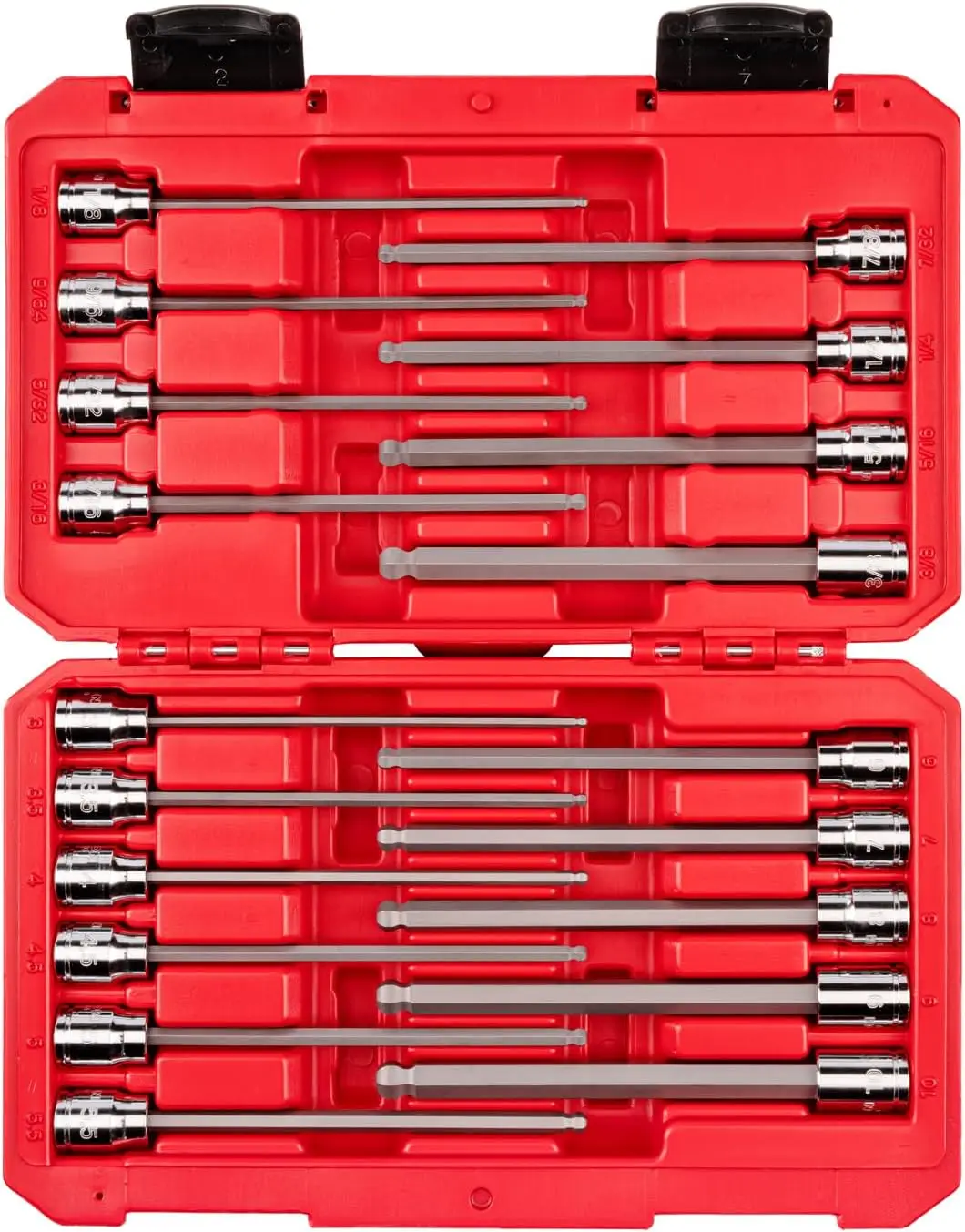 19-Piece Long Ball End Hex Bit Socket Set with Case, 3/8 Inch Drive (1/8-3/8 in., 3-10 mm)
19-Piece Long Ball End Hex Bit Socket Set with Case, 3/8 Inch Drive (1/8-3/8 in., 3-10 mm)