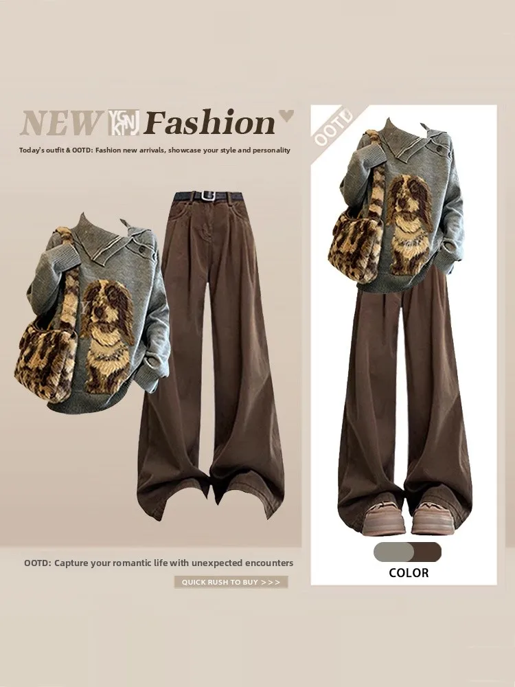 Gray Knitted Sweater High Waist Wide Leg Pants Cartoon Pattern Winter Lazy Retro Two Piece Set Women's Fashion Ensemble
Gray Knitted Sweater High Waist Wide Leg Pants Cartoon Pattern Winter Lazy Retro Two Piece Set Women's Fashion Ensemble