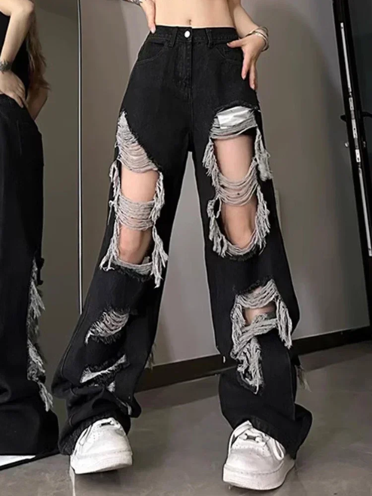 High Waist Ripped Jeans for Women, Baggy Streetwear, Wide Leg Pants, Casual Denim Trousers, Harajuku Fashion, Black, Y2k, 2024 
High Waist Ripped Jeans for Women, Baggy Streetwear, Wide Leg Pants, Casual Denim Trousers, Harajuku Fashion, Black, Y2k, 2024