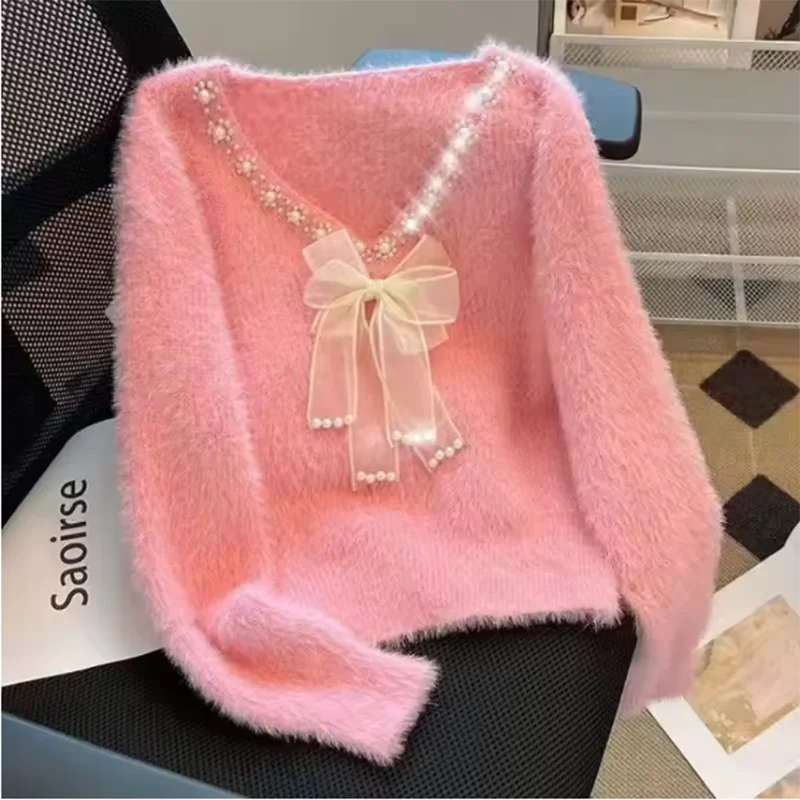 Ladies' New Bow Imitation Mink Velvet Knitted Sweater Beaded Mao Mao Bottoming Joker Fashion Casual Blouse Autumn Winter Women
Ladies' New Bow Imitation Mink Velvet Knitted Sweater Beaded Mao Mao Bottoming Joker Fashion Casual Blouse Autumn Winter Women