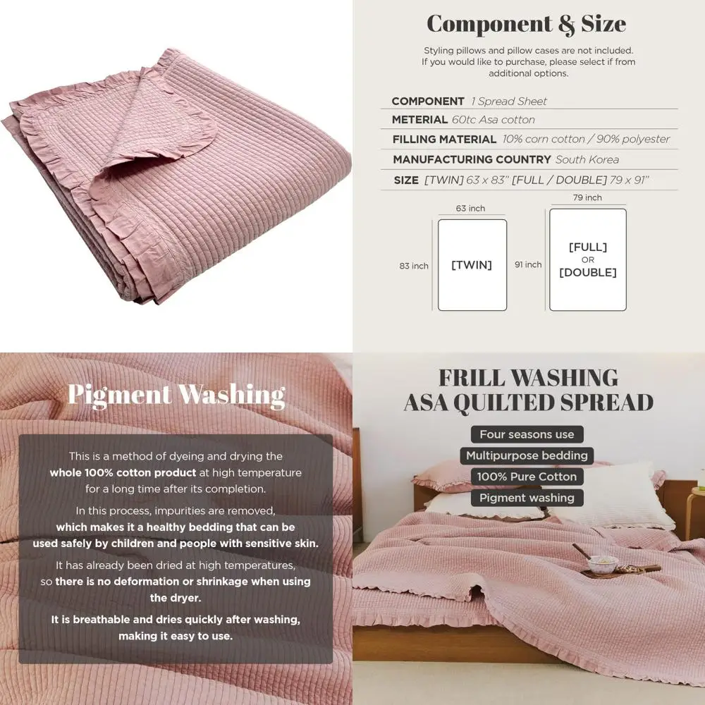 Cotton Frilled Twin Size Bed Coverlet, 63 x 83 Inches - Soft Breathable Pigment Washed Quilted Blanket
Cotton Frilled Twin Size Bed Coverlet, 63 x 83 Inches - Soft Breathable Pigment Washed Quilted Blanket