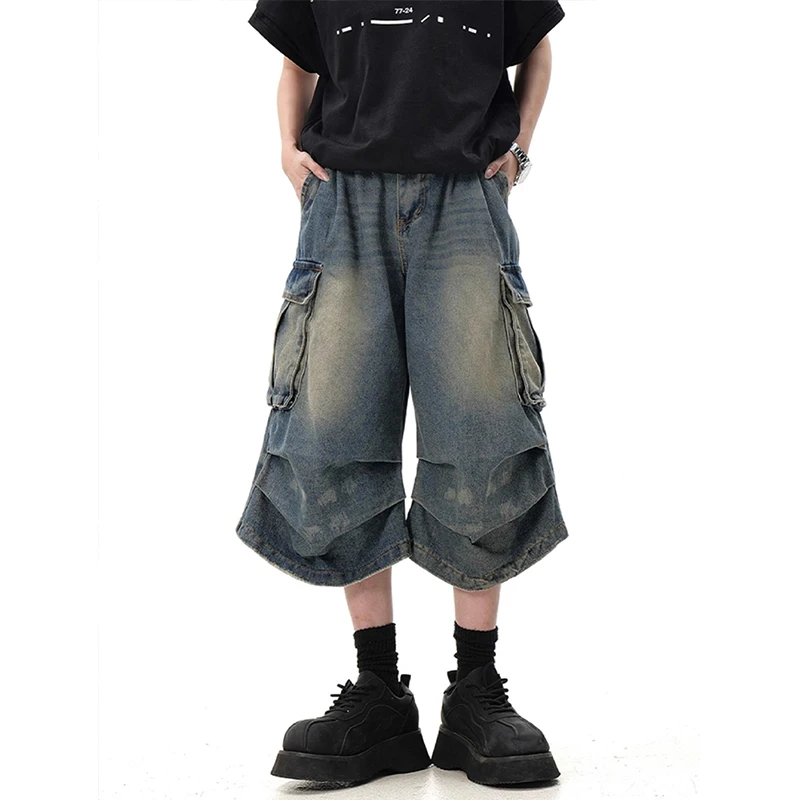 American Style Man's Vintage Washed Workwear Denim Shorts with Multiple Pockets Pleated Design Loose Drapey Seven-Foot Pants
American Style Man's Vintage Washed Workwear Denim Shorts with Multiple Pockets Pleated Design Loose Drapey Seven-Foot Pants