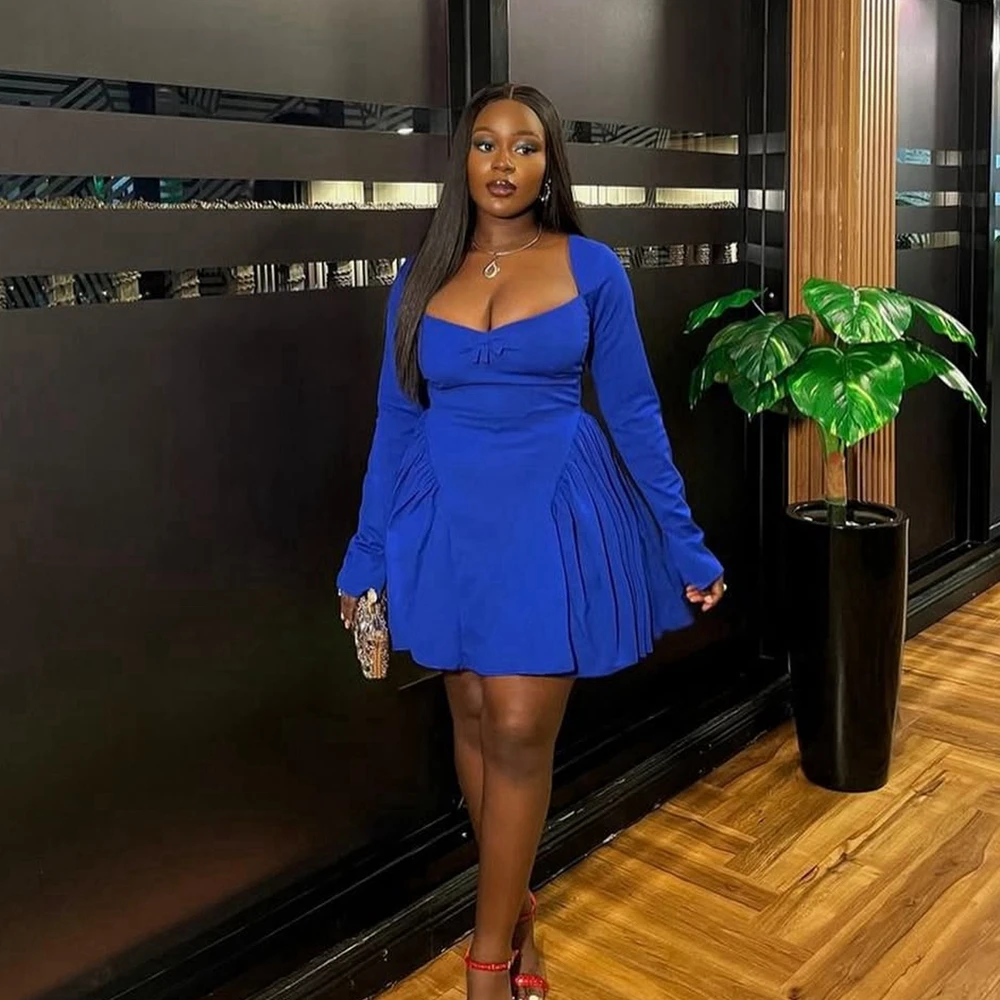 Elegant Royal Blue Mini Cocktail Dress Fashion Pleated Satin Women's Evening Party Dresses Full Sleeves V Neck Short Party Gowns
Elegant Royal Blue Mini Cocktail Dress Fashion Pleated Satin Women's Evening Party Dresses Full Sleeves V Neck Short Party Gowns