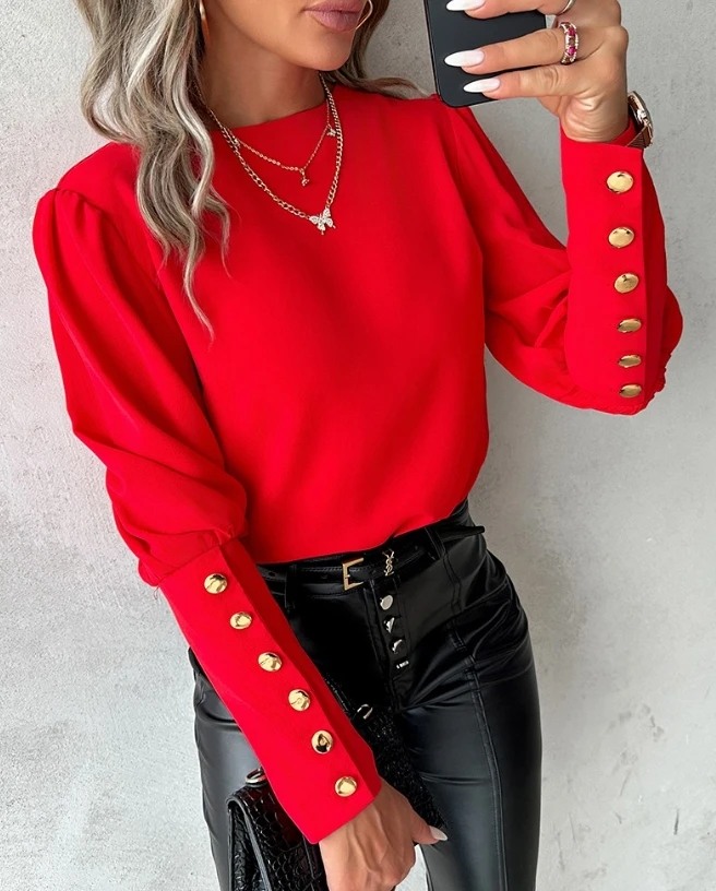 Autumn Women's Long Sleeve Top 2023 New Solid Color Button Decor Round Neck Long Sleeve Top Elegant Commuter Pullovers Top
Autumn Women's Long Sleeve Top 2023 New Solid Color Button Decor Round Neck Long Sleeve Top Elegant Commuter Pullovers Top