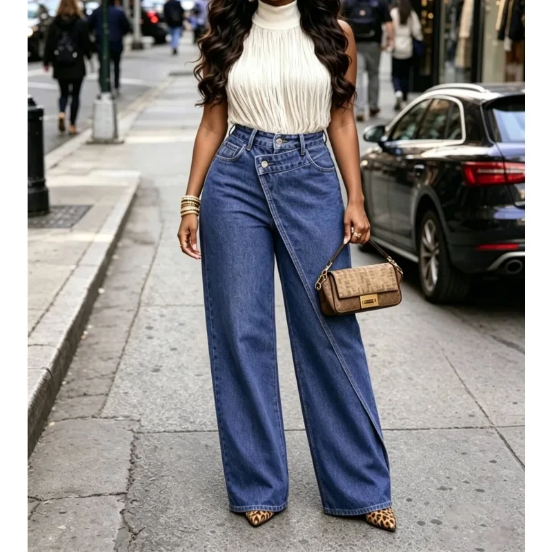 Baggy Jean Women 2026 Fall High Waist Wide Leg Denim Pants Asymmetrical Design Wrap Front Slit Detail Straight Cut Denim Trouser
Baggy Jean Women 2026 Fall High Waist Wide Leg Denim Pants Asymmetrical Design Wrap Front Slit Detail Straight Cut Denim Trouser