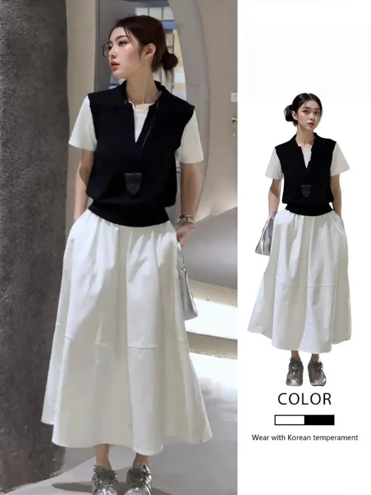 Летний новый модный повседневный комплект: футболка с коротким рукавом и имитацией двухслойности, свободная юбка миди, комплект из двух предметов, женская одежда
Летний новый модный повседневный комплект: футболка с коротким рукавом и имитацией двухслойности, свободная юбка миди, комплект из двух предметов, женская одежда