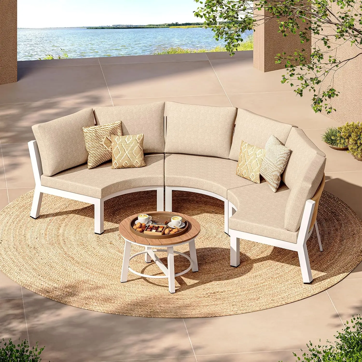 Outdoor Patio Furniture Set,4 Piece Aluminum Half-Moon Patio Conversation Sets, PE Rope Curved Sofa, All-Weather, Customized
Outdoor Patio Furniture Set,4 Piece Aluminum Half-Moon Patio Conversation Sets, PE Rope Curved Sofa, All-Weather, Customized