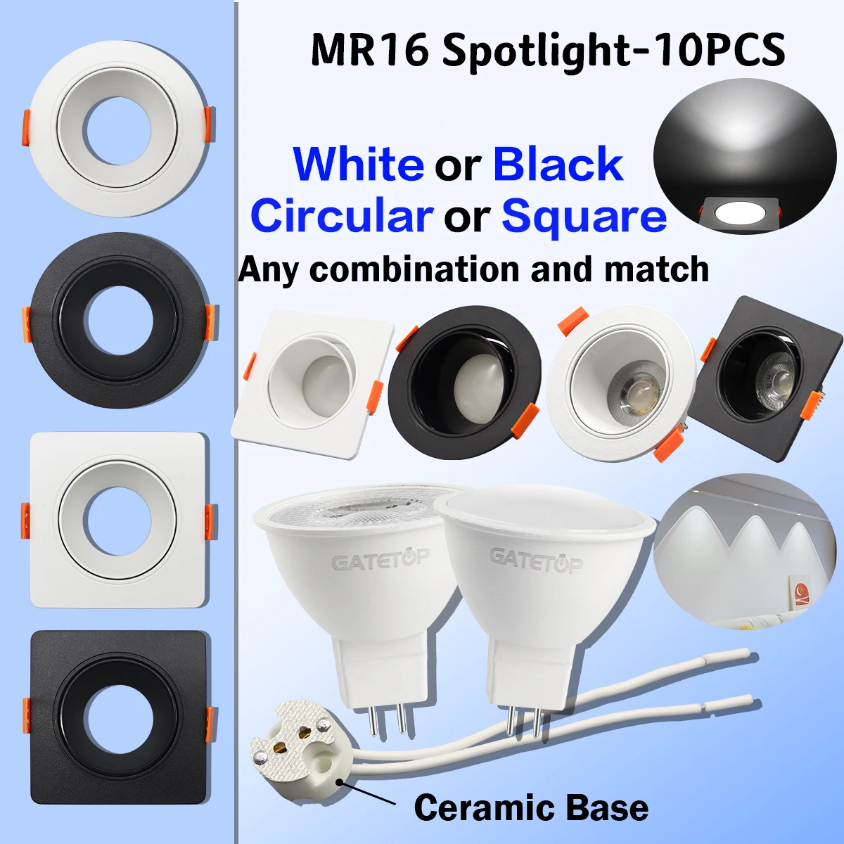 10PCS Embedded Ceiling Spotlight AC DC 12V Kit Square Adjustable White Black Round Light Kit Gu5.3 Base Cearmic Lamp Holder
10PCS Embedded Ceiling Spotlight AC DC 12V Kit Square Adjustable White Black Round Light Kit Gu5.3 Base Cearmic Lamp Holder