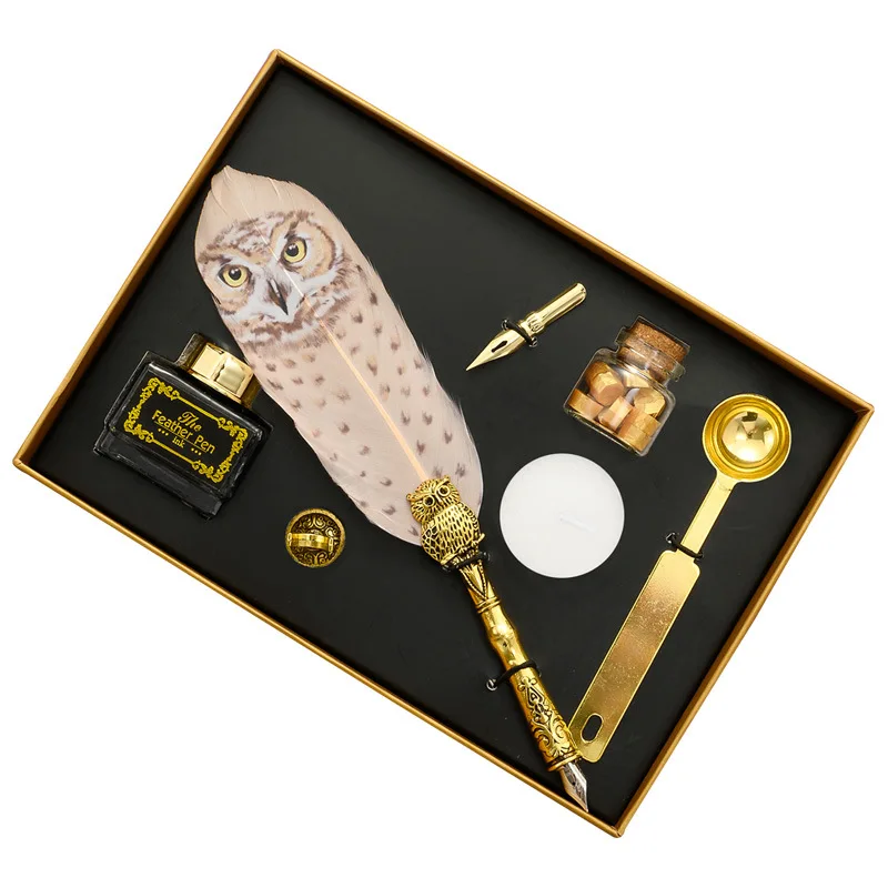 Calligraphy Dip Pen Set Vintage Owl Pattern Feather Fountain Pens For Writing Quill Gift Box With Wax Seal Candle
Calligraphy Dip Pen Set Vintage Owl Pattern Feather Fountain Pens For Writing Quill Gift Box With Wax Seal Candle