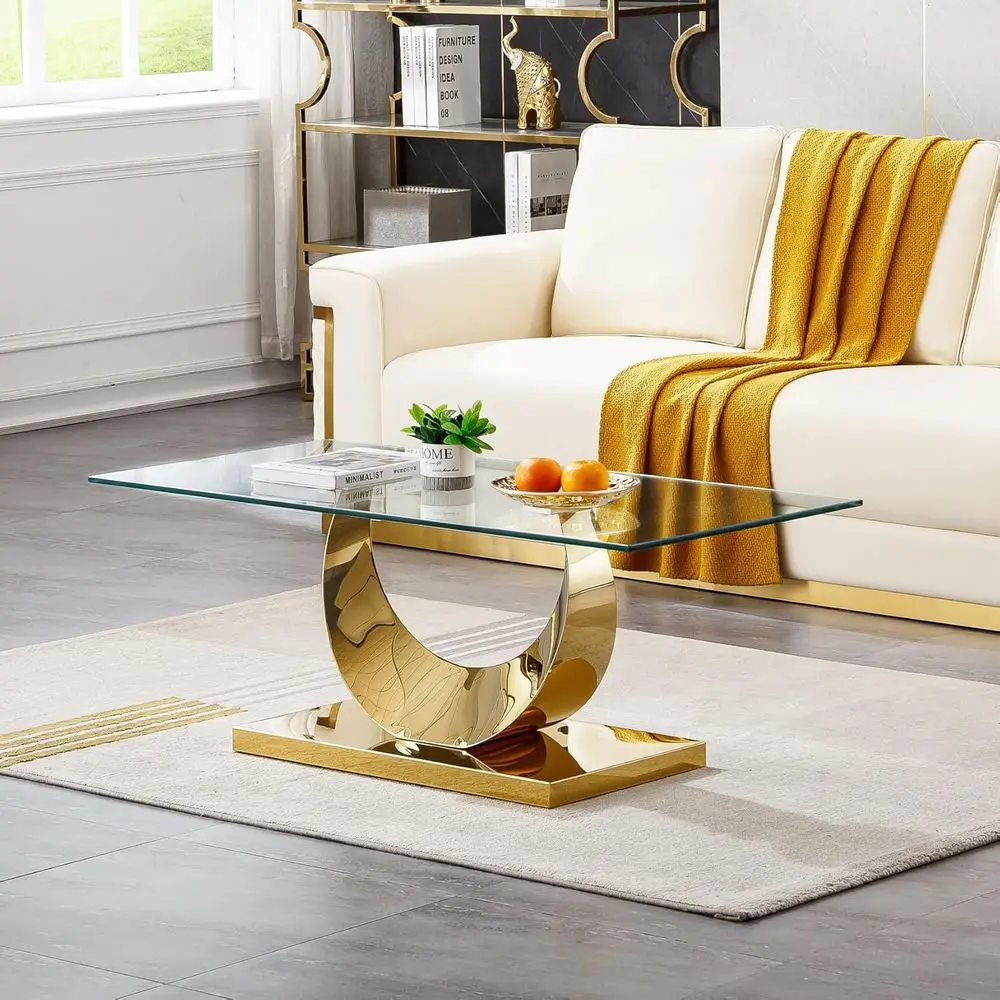 Modern 47 Rectangular Gold Glass Coffee Table with Moon-Shaped Stainless Steel Base for Living Room and Home Office
Modern 47 Rectangular Gold Glass Coffee Table with Moon-Shaped Stainless Steel Base for Living Room and Home Office