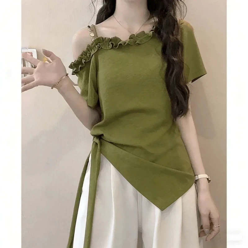 Women's Fashion Off Shoulder Camisole Ruffle Irregular T-Shirt Summer New Sweet Asymmetric Top
Women's Fashion Off Shoulder Camisole Ruffle Irregular T-Shirt Summer New Sweet Asymmetric Top