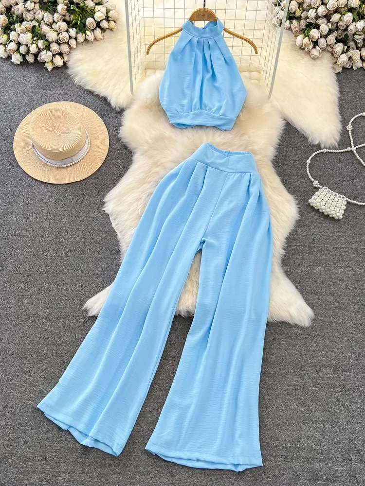2025 Summer Sexy Halter Neck 2 Piece Sets Woman Fashion Elegant Vacation Sleeveless Top And High Waist Wide Leg Pant Lace-up Set
2025 Summer Sexy Halter Neck 2 Piece Sets Woman Fashion Elegant Vacation Sleeveless Top And High Waist Wide Leg Pant Lace-up Set